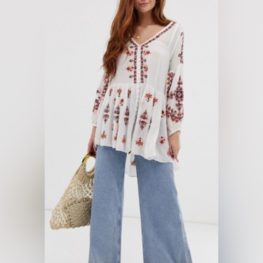 Free People Ariana White Mini Peasant Boho Dress Tunic Top Embroidered Size S
